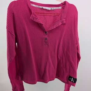 Calvin Klein Women's Magenta Long-Sleeve Waffle Knit Henley Button-Down